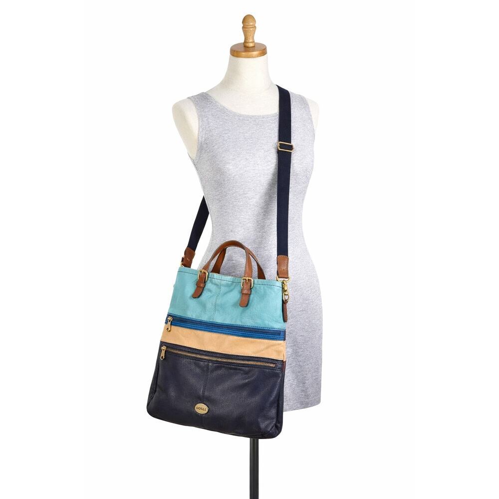 Fossil Leather Crossbody Tote Blue Brown Colorblock Convertible Bag 14" EUC